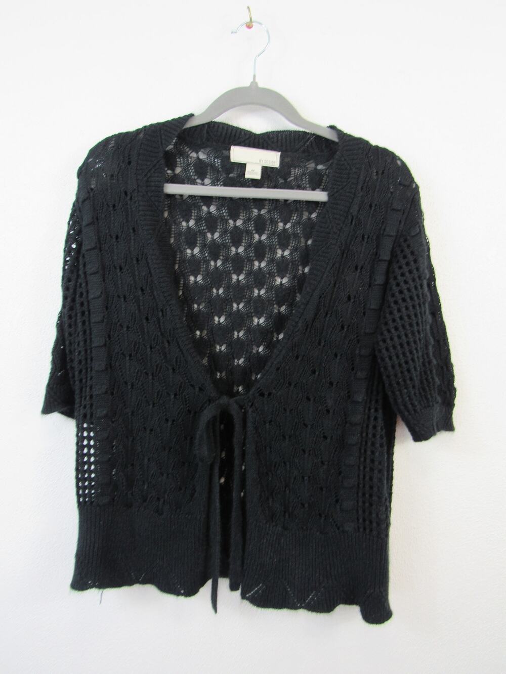 BY Design 0X Black Open Knit Crochet Open Front Short Sleeve Cardigan Sweater
